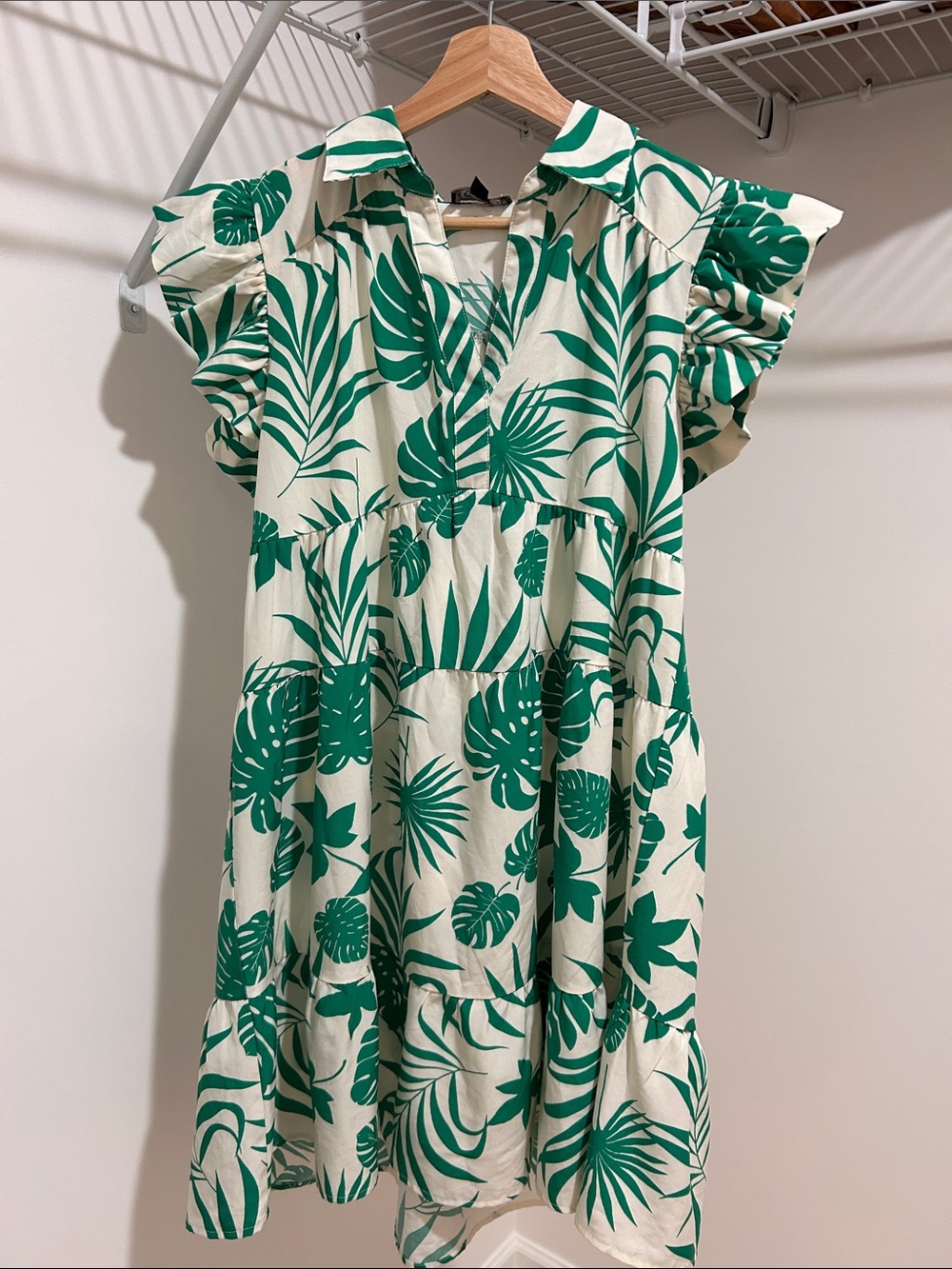 Green Leaf Print Dress - Casual Tiered Sundress